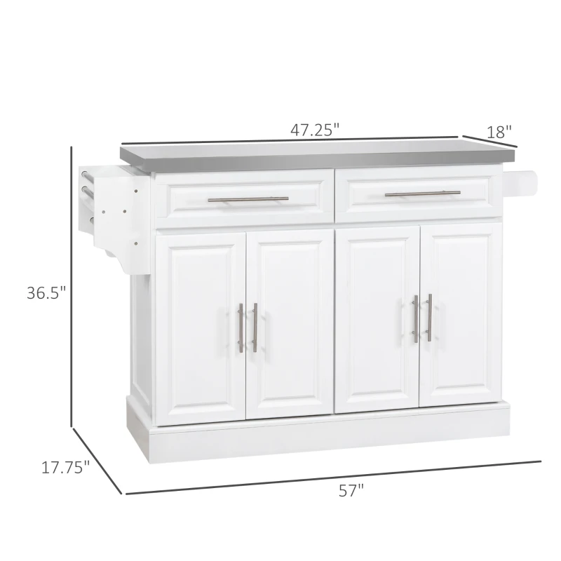 HOMCOM Rolling Kitchen Island Cart with Wheels, Portable Island Table for Kitchen with Stainless Steel Top, Adjustable Shelves, 2 Drawers, Spice, Knife and Towel Rack, White