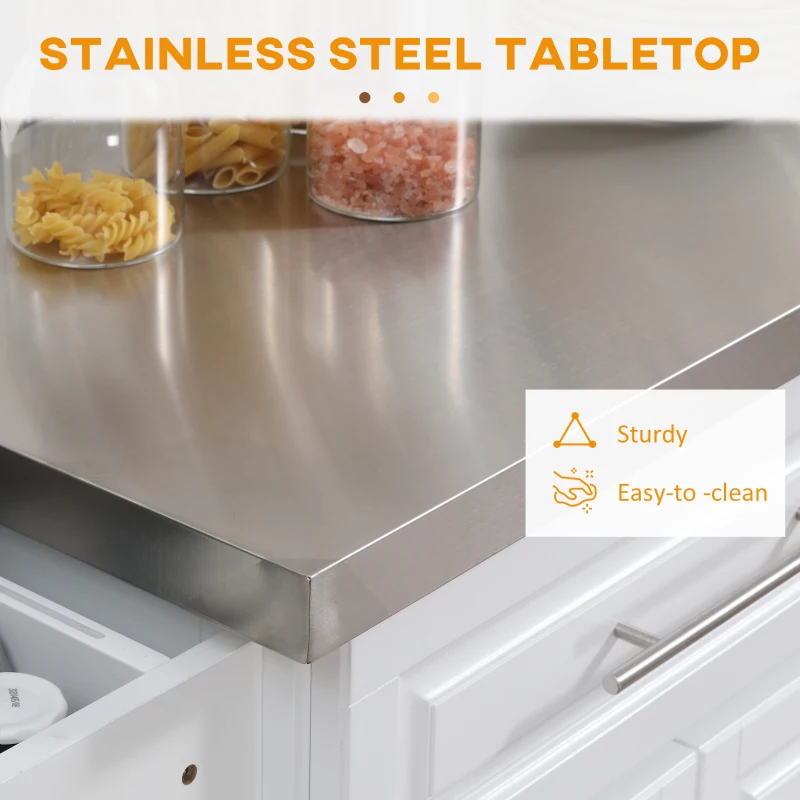 HOMCOM Rolling Kitchen Island Cart with Wheels, Portable Island Table for Kitchen with Stainless Steel Top, Adjustable Shelves, 2 Drawers, Spice, Knife and Towel Rack, White