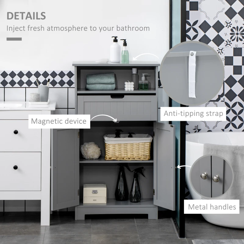 kleankin Bathroom Cabinet Organizer, Freestanding Small Storage Cabinet with Drawer and Adjustable Shelf for Living Room, or Entryway, Grey