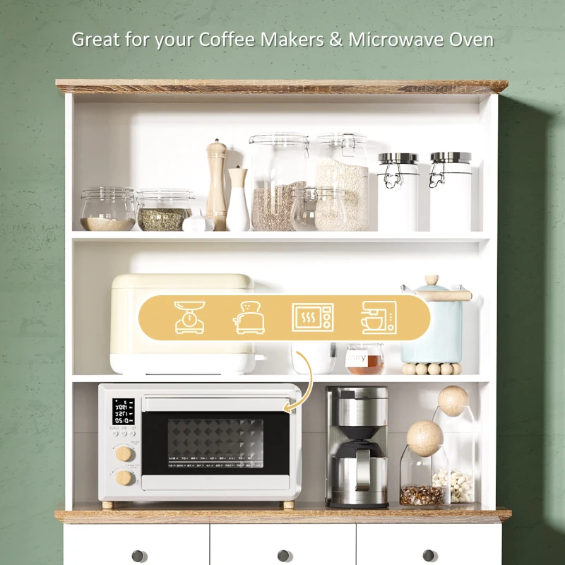 HOMCOM 71" Buffet with Hutch, Kitchen Pantry Cabinet, Bookcase with Drawers & Shelves for Living Room, White