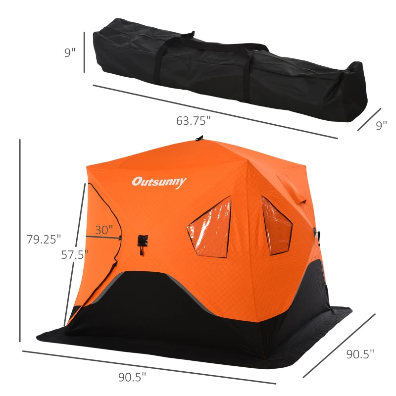 Outsunny 4 Person Ice Fishing Shelter Insulated Waterproof Portable Pop Up Ice Fishing Tent with 2 Doors for Outdoor Fishing, Orange