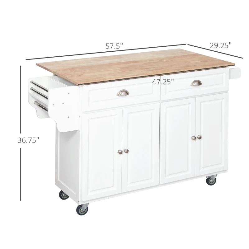 HOMCOM Rolling Kitchen Island Cart with Drop Leaf, Kitchen Cart on Wheels with Rubber Wood Top, 2 Drawers and 2 Storage Cabinets, Island Table for Kitchen, Dining Room, White(m-3)