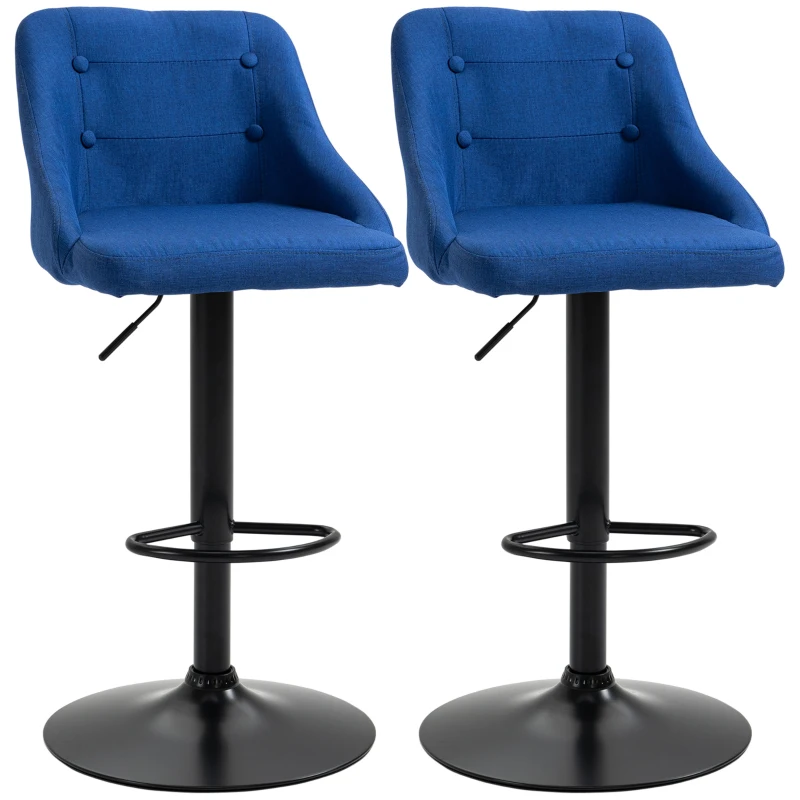 HOMCOM Counter Height Bar Stools Set of 2, Adjustable Bar Chair, Swivel Fabric Kitchen Stools with Back, Armrests and Footrest for Kitchen Counter and Dining Room, Dark Blue