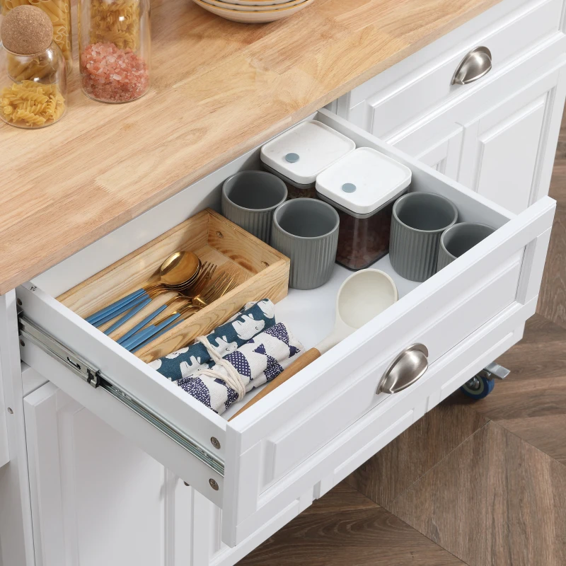 HOMCOM Rolling Kitchen Island Cart with Drop Leaf, Kitchen Cart on Wheels with Rubber Wood Top, 2 Drawers and 2 Storage Cabinets, Island Table for Kitchen, Dining Room, White(m-7)