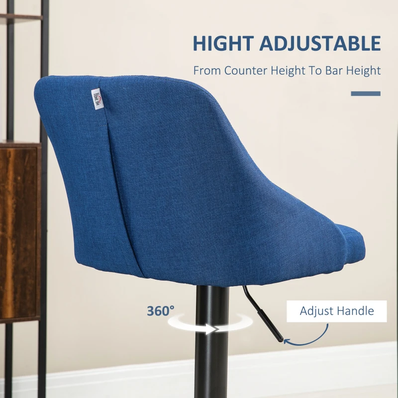 HOMCOM Counter Height Bar Stools Set of 2, Adjustable Bar Chair, Swivel Fabric Kitchen Stools with Back, Armrests and Footrest for Kitchen Counter and Dining Room, Dark Blue