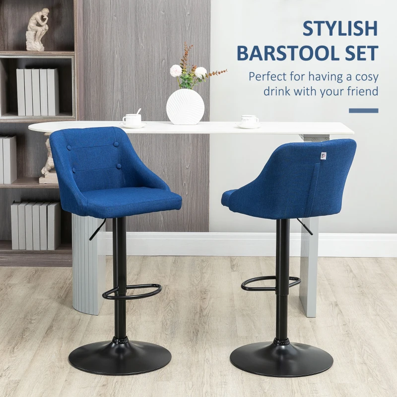 HOMCOM Counter Height Bar Stools Set of 2, Adjustable Bar Chair, Swivel Fabric Kitchen Stools with Back, Armrests and Footrest for Kitchen Counter and Dining Room, Dark Blue