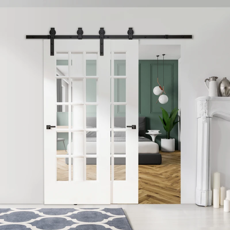 HOMCOM 6.6FT Carbon Steel Sliding Barn Door Kits Hardware Closet Set Track System for Double Wooden Door Roller