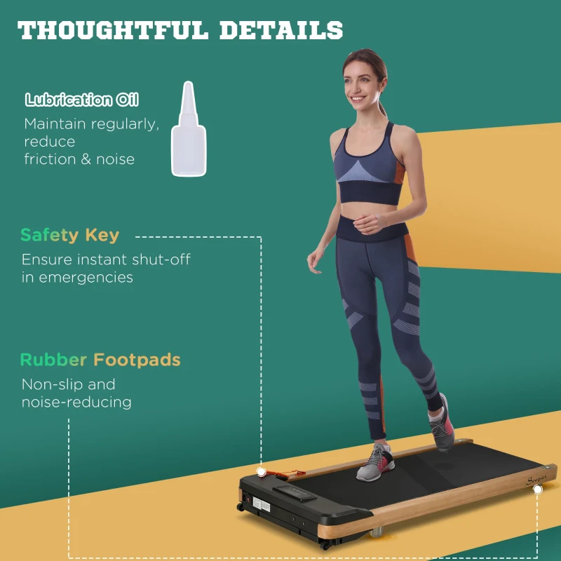 Soozier Wood Walking Pad, Smart Under Desk Treadmill, Walking Jogging Machine with Blue Tooth Speaker, Remote Control, 12 Pre-Programs, Transport Wheels and LED Display for Home Gym Office