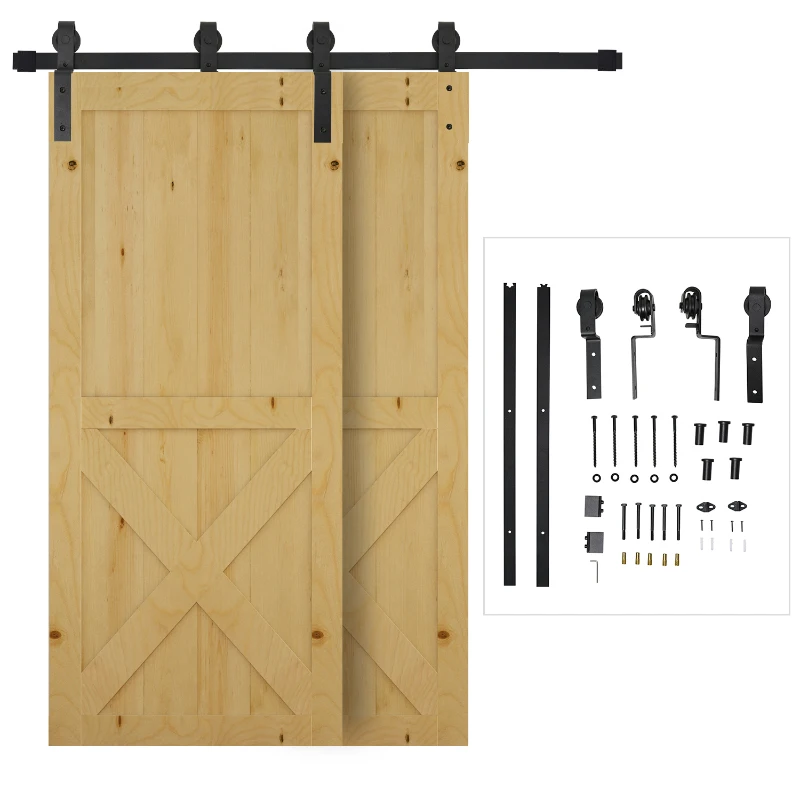 HOMCOM 6.6FT Carbon Steel Sliding Barn Door Kits Hardware Closet Set Track System for Double Wooden Door Roller