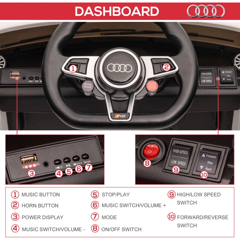 Aosom 6V Audi TT RS Kids Licensed Ride On Car Toy Battery Powered High/Low Speed with Headlight Music and Remote Control - White(m-7)