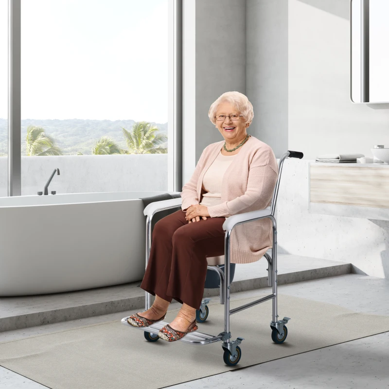 HOMCOM Personal Mobility Durable Waterproof Shower Accessible Transport Commode Medical Rolling Chair