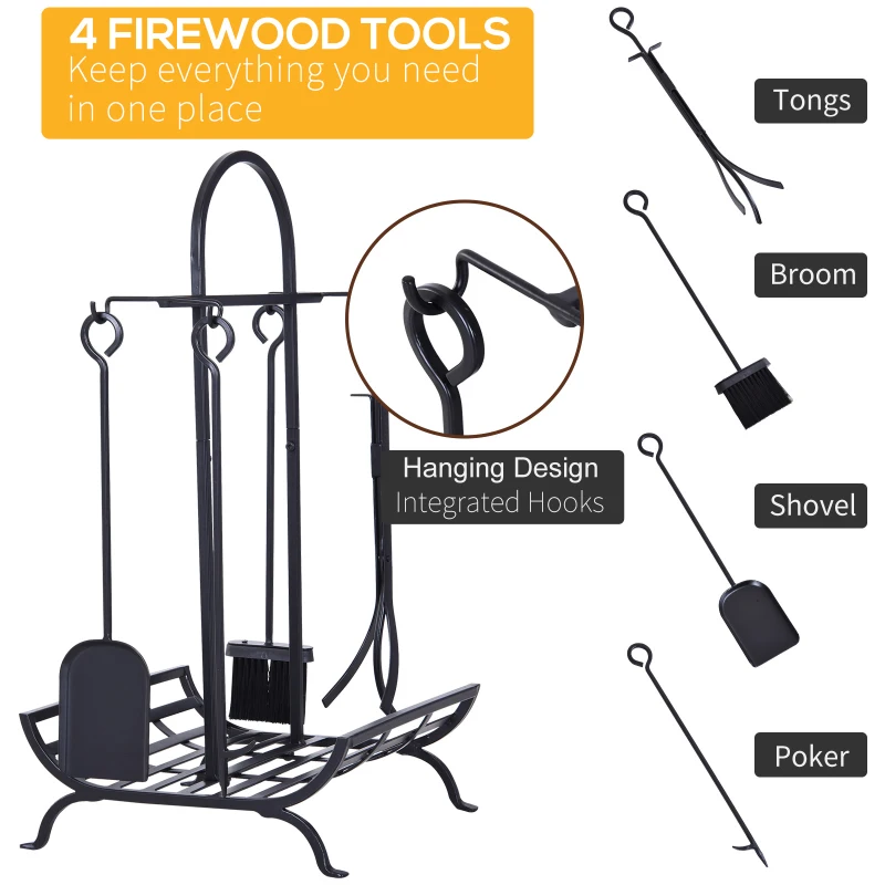 Outsunny Indoor Outdoor Firewood Rack with 4 Tools, elevated base Steel Power Coated Construction Fire Wood Storage Stacking Set, Black
