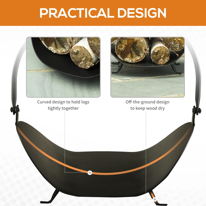 Outsunny 16" Firewood Log Rack Curved Fireplace Log Holder Wood Storage Basket Carrier with Flexible Handle, for Outdoor and Indoor Use, Black