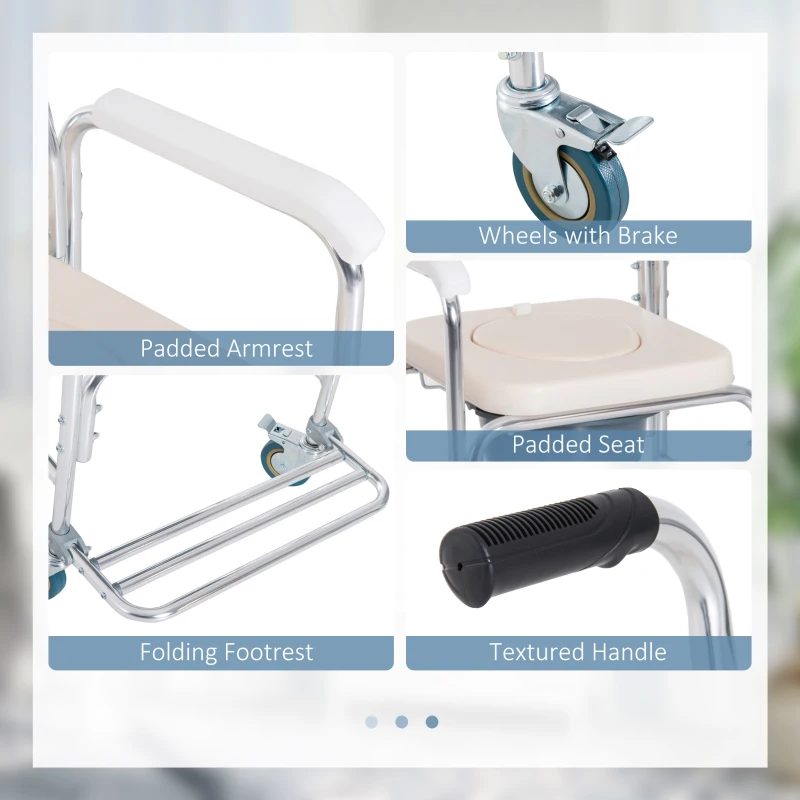 HOMCOM Personal Mobility Durable Waterproof Shower Accessible Transport Commode Medical Rolling Chair