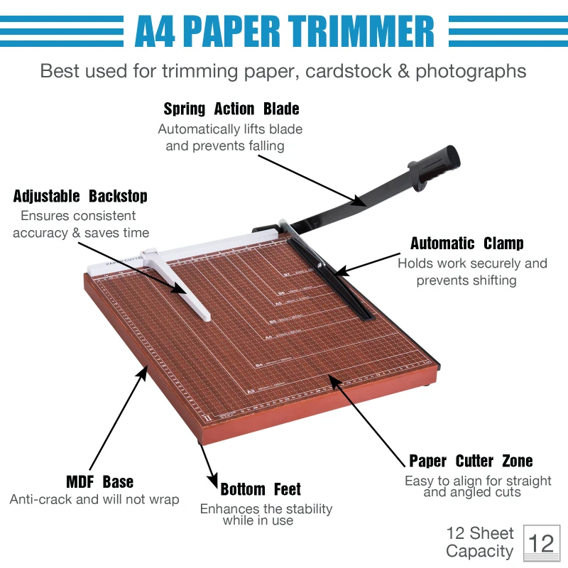 HOMCOM Paper Trimmer Cutter 12-Sheet Capacity with with Heavy Duty Gridded Base, A3 Professional Guillotine for Home and Office