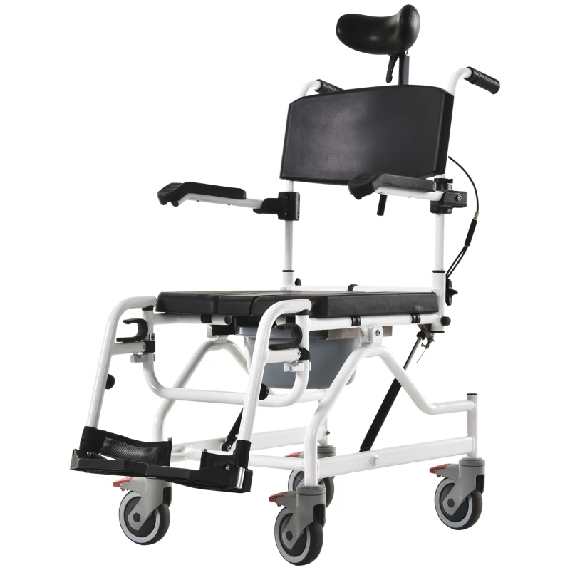 HOMCOM Personal Mobility Assist Bedside Commode Toilet Chair with 30° Reclining Backrest & Four Rolling Wheels