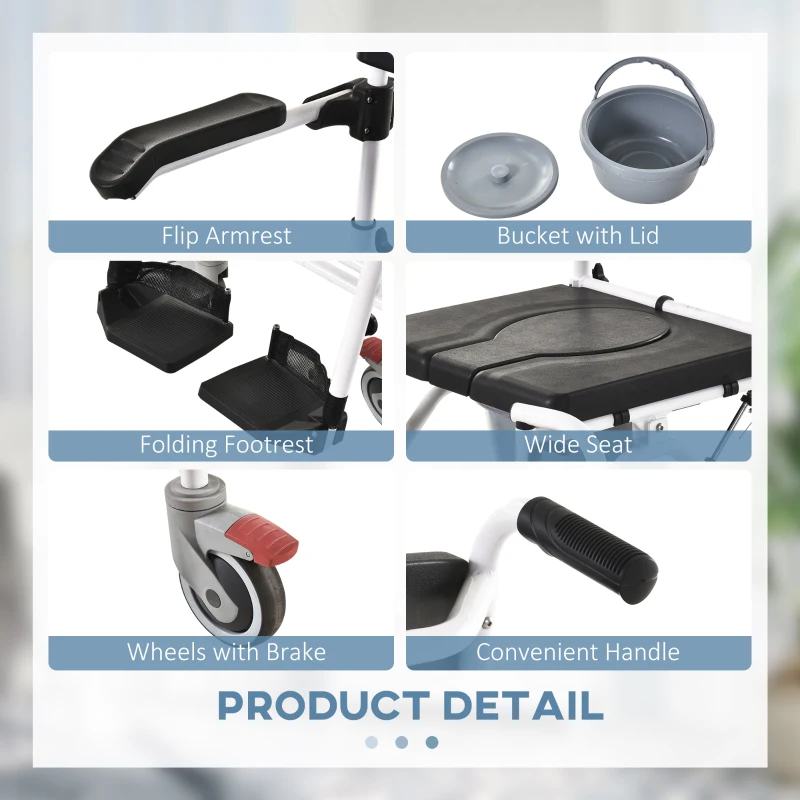 HOMCOM Personal Mobility Assist Bedside Commode Toilet Chair with 30° Reclining Backrest & Four Rolling Wheels