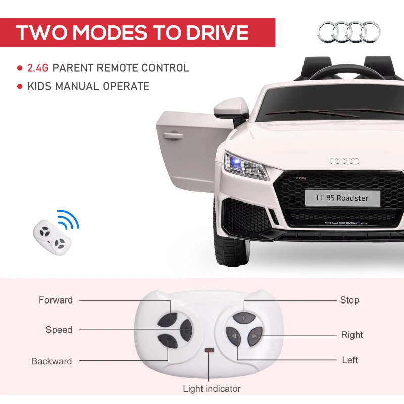 Aosom 6V Audi TT RS Kids Licensed Ride On Car Toy Battery Powered High/Low Speed with Headlight Music and Remote Control - White(m-6)