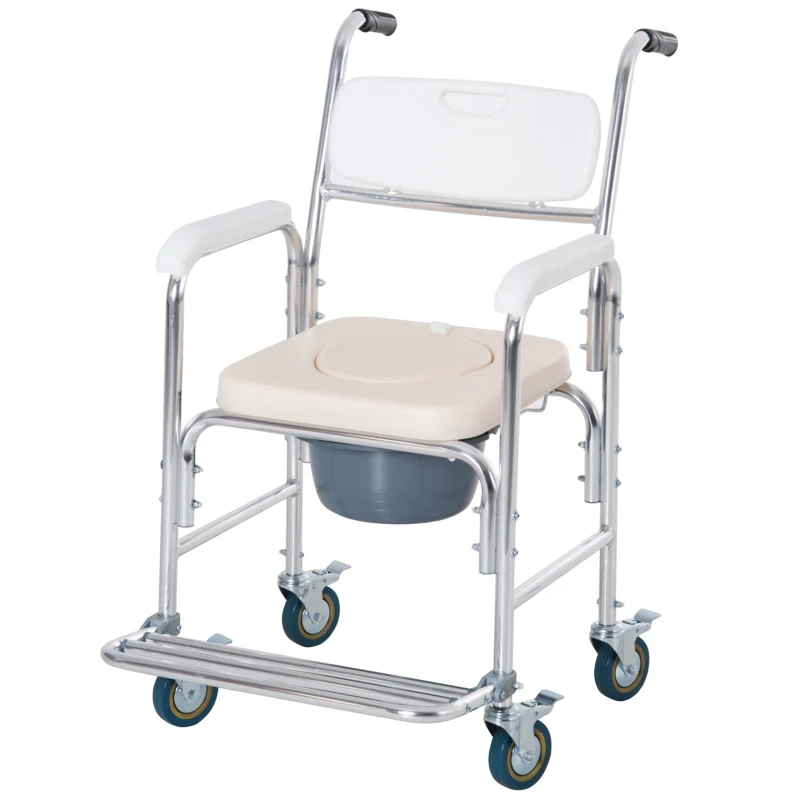 HOMCOM Personal Mobility Durable Waterproof Shower Accessible Transport Commode Medical Rolling Chair