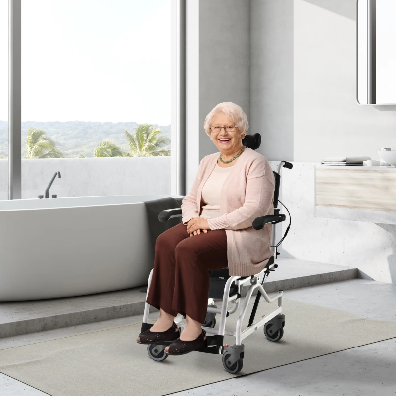 HOMCOM Personal Mobility Assist Bedside Commode Toilet Chair with 30° Reclining Backrest & Four Rolling Wheels