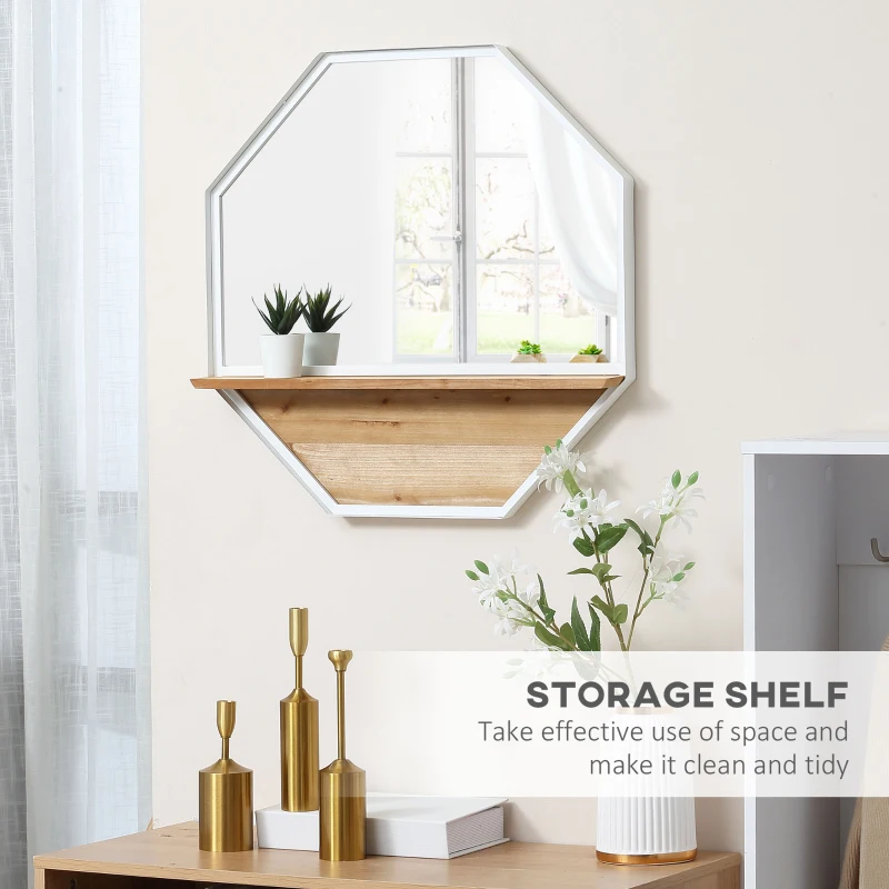 HOMCOM 24"x24"/61x61cm Octagon Wall Mirror with Wood Storage Shelf, Modern Mirror for Living Room or Bedroom Wall, White