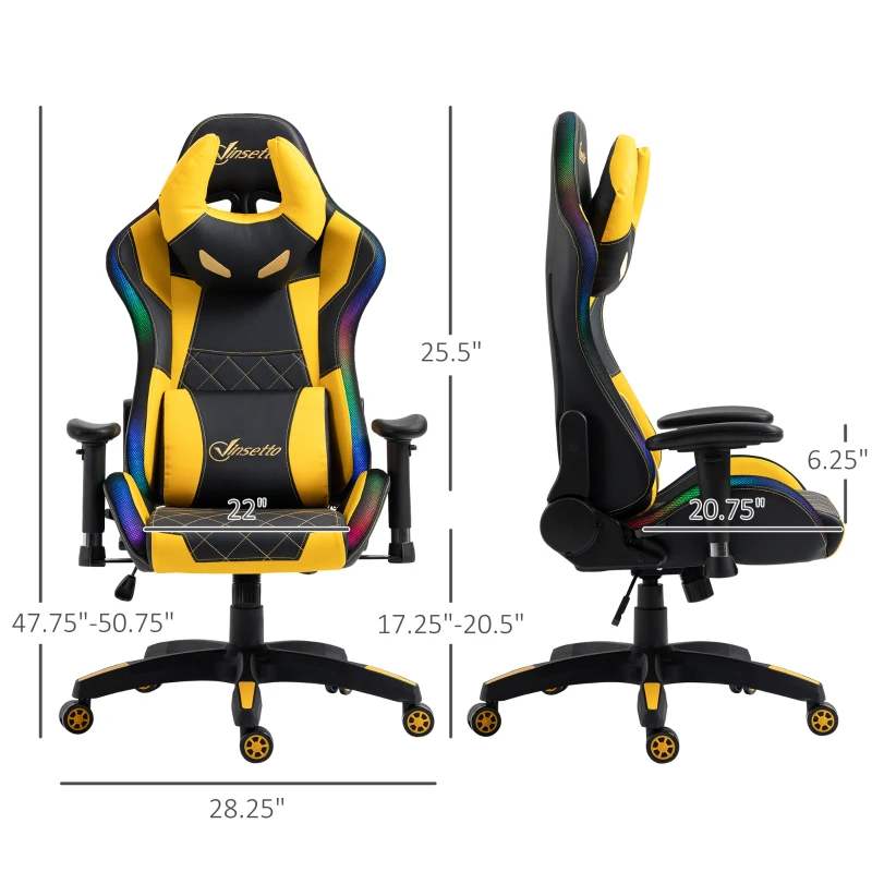 Vinsetto High-Back Racing Style Gaming Chair with RGB LED Lights, Computer Office Chair with Head and Lumbar Pillow and Adjustable Armrests, Black / Yellow