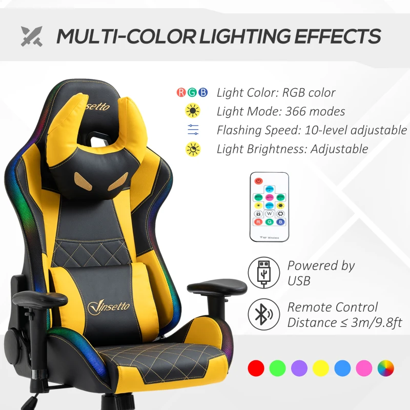 Vinsetto High-Back Racing Style Gaming Chair with RGB LED Lights, Computer Office Chair with Head and Lumbar Pillow and Adjustable Armrests, Black / Yellow
