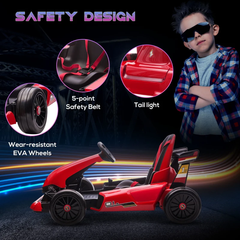 Aosom Electric Go Kart, 24V Outdoor Racer Drifter Car for Kids, with Remote Control, Music, LED Light, Ages 6+ Years, Red and Black