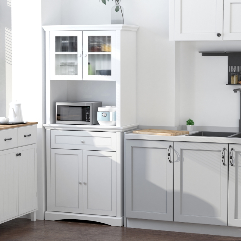 HOMCOM Freestanding Kitchen Pantry Storage Cabinet, Cupboard with Drawer, Glass Door, Adjustable Shelving for Dining Room, White