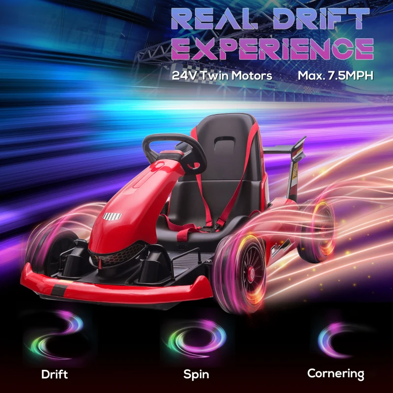 Aosom Electric Go Kart, 24V Outdoor Racer Drifter Car for Kids, with Remote Control, Music, LED Light, Ages 6+ Years, Red and Black