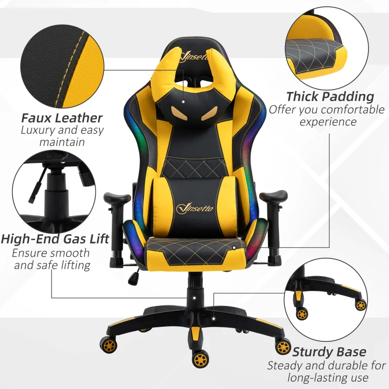 Vinsetto High-Back Racing Style Gaming Chair with RGB LED Lights, Computer Office Chair with Head and Lumbar Pillow and Adjustable Armrests, Black / Yellow