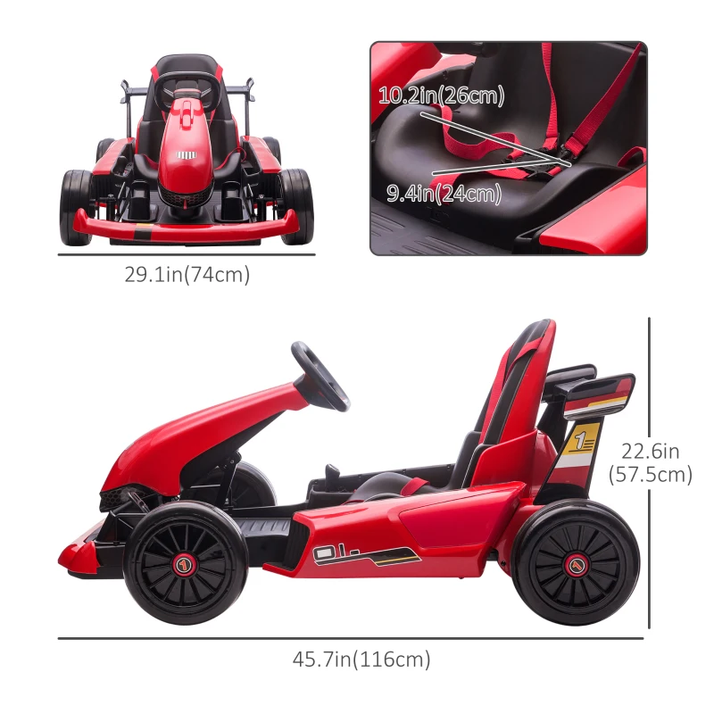 Aosom Electric Go Kart, 24V Outdoor Racer Drifter Car for Kids, with Remote Control, Music, LED Light, Ages 6+ Years, Red and Black
