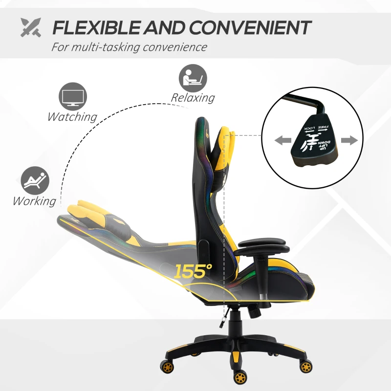 Vinsetto High-Back Racing Style Gaming Chair with RGB LED Lights, Computer Office Chair with Head and Lumbar Pillow and Adjustable Armrests, Black / Yellow