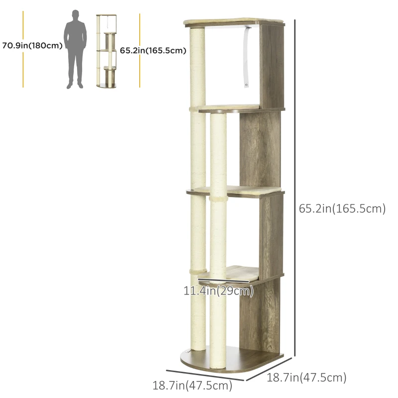 PawHut 65" Cat Tree Tower, Cat Condo Furniture, Multi-Level Activity Center with Jute Scratching Posts, Carpeted Perches