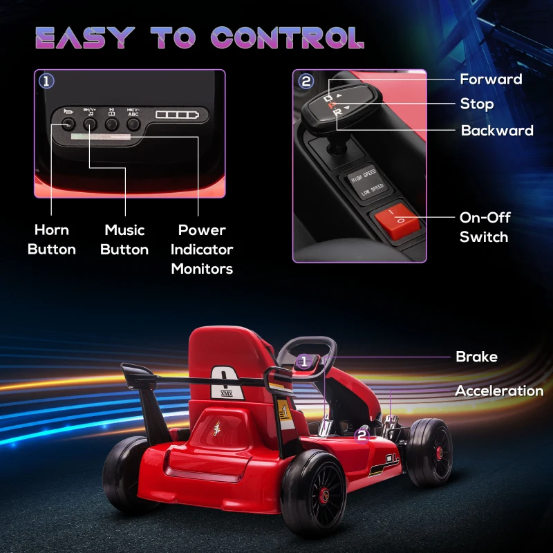 Aosom Electric Go Kart, 24V Outdoor Racer Drifter Car for Kids, with Remote Control, Music, LED Light, Ages 6+ Years, Red and Black