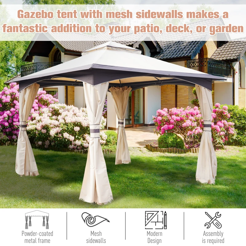 Outsunny 10' x 10' Soft Top Gazebo Canopy Tent w/ Double Roof, Eaves Design and Mesh Netting Sidewall Outdoor Patio Large Garden