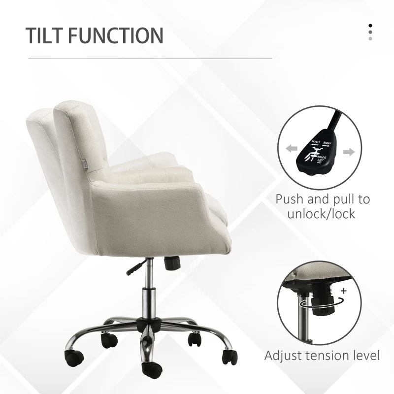 HOMCOM Mid Back Task Chair, Modern Home Office Chair with Tufted Button Design and Padded Armrests, Swivel Computer Desk Chair for Study Living Room Bedroom, Cream White