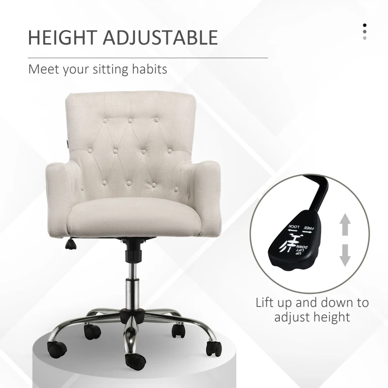 HOMCOM Mid Back Task Chair, Modern Home Office Chair with Tufted Button Design and Padded Armrests, Swivel Computer Desk Chair for Study Living Room Bedroom, Cream White