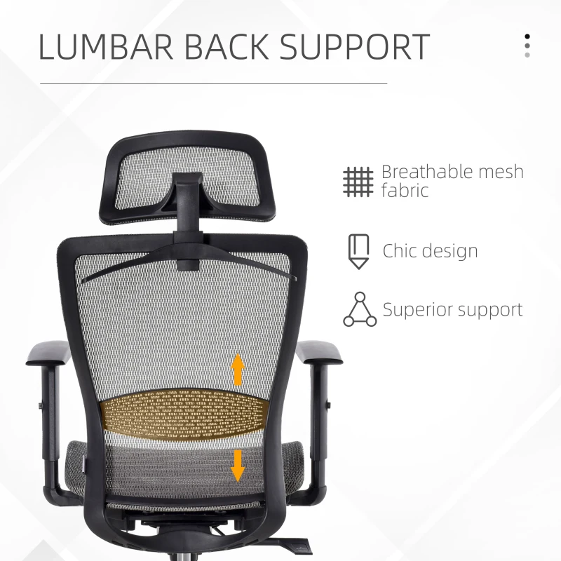 Vinsetto High-Back Mesh Home Office Chair with Coat Hanger, Computer Task Chair with Adjustable Height, Arms, Headrest and Lumbar Support, 360° Wheels and Seat, Reclining Function, Grey