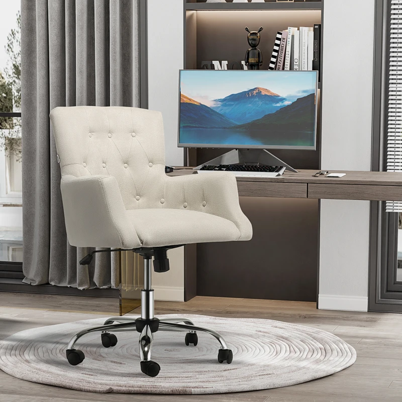 HOMCOM Mid Back Task Chair, Modern Home Office Chair with Tufted Button Design and Padded Armrests, Swivel Computer Desk Chair for Study Living Room Bedroom, Cream White