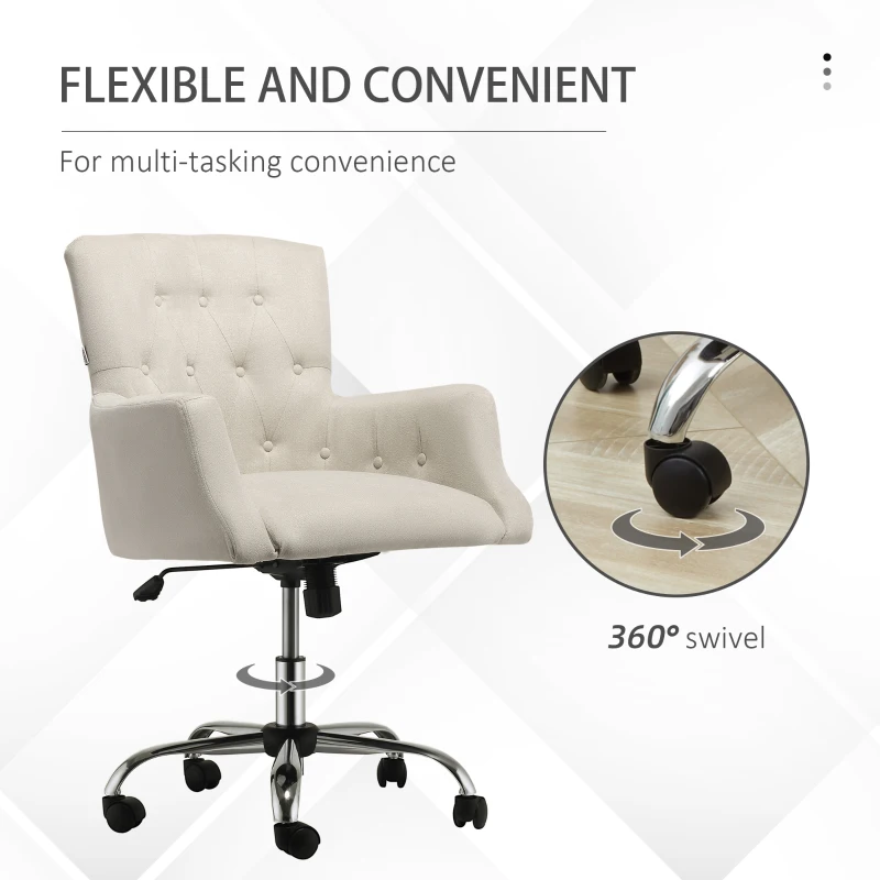 HOMCOM Mid Back Task Chair, Modern Home Office Chair with Tufted Button Design and Padded Armrests, Swivel Computer Desk Chair for Study Living Room Bedroom, Cream White