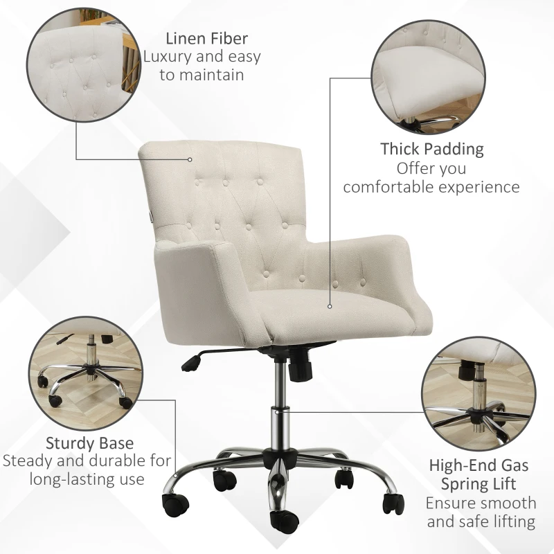 HOMCOM Mid Back Task Chair, Modern Home Office Chair with Tufted Button Design and Padded Armrests, Swivel Computer Desk Chair for Study Living Room Bedroom, Cream White