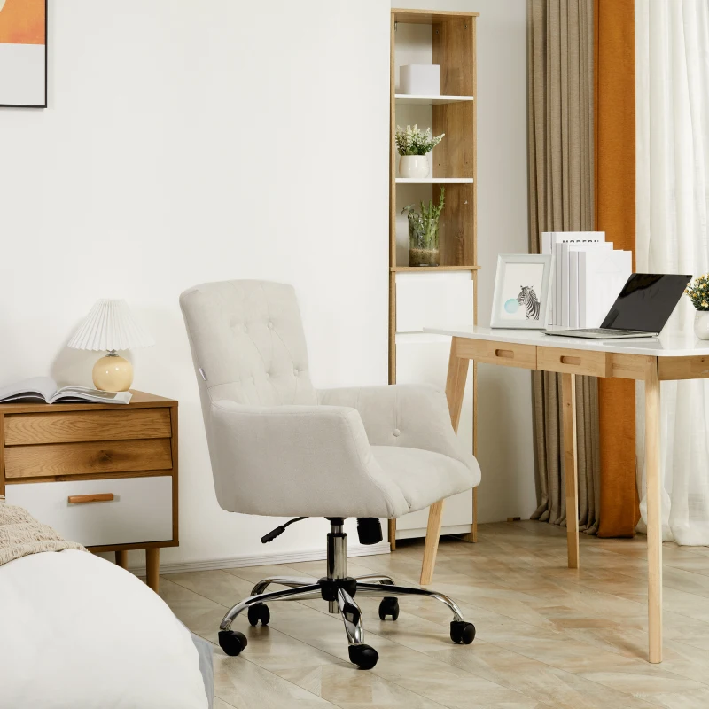 HOMCOM Mid Back Task Chair, Modern Home Office Chair with Tufted Button Design and Padded Armrests, Swivel Computer Desk Chair for Study Living Room Bedroom, Cream White