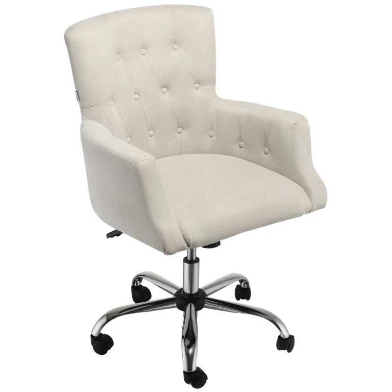 HOMCOM Mid Back Task Chair, Modern Home Office Chair with Tufted Button Design and Padded Armrests, Swivel Computer Desk Chair for Study Living Room Bedroom, Cream White