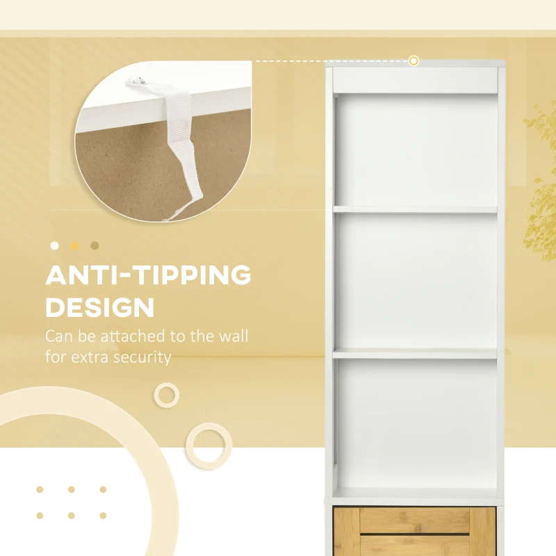 kleankin Tall Bathroom Storage Cabinet, Free Standing Bathroom Cabinet Slim Side Organizer with 3 Shelves and Bamboo Cabinet, White/Natural