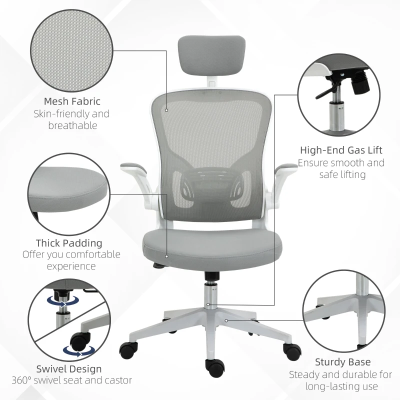 Vinsetto High Back Mesh Chair, Home Office Task Computer Chair with Adjustable Height, Lumbar Back Support, Headrest, and Arms, Gray