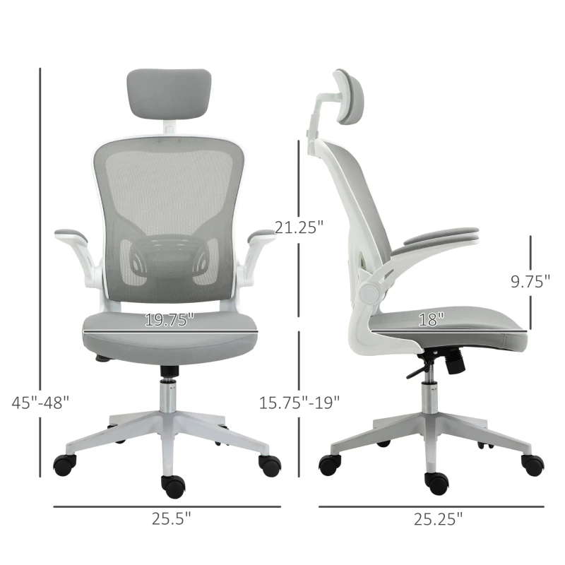 Vinsetto High Back Mesh Chair, Home Office Task Computer Chair with Adjustable Height, Lumbar Back Support, Headrest, and Arms, Gray