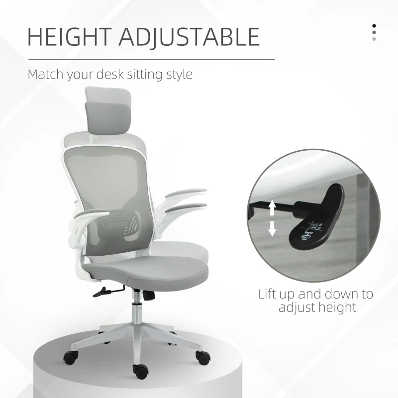 Vinsetto High Back Mesh Chair, Home Office Task Computer Chair with Adjustable Height, Lumbar Back Support, Headrest, and Arms, Gray