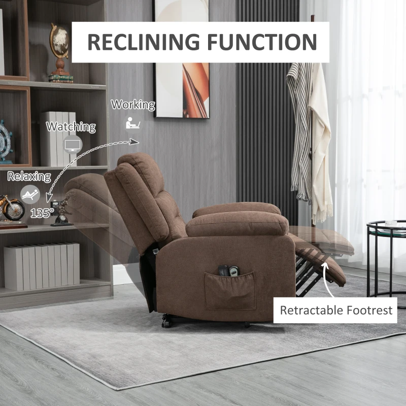 HOMCOM Electric Power Lift Chair for Elderly with Massage, Oversized Living Room Recliner with Remote Control, and Side Pockets, Brown