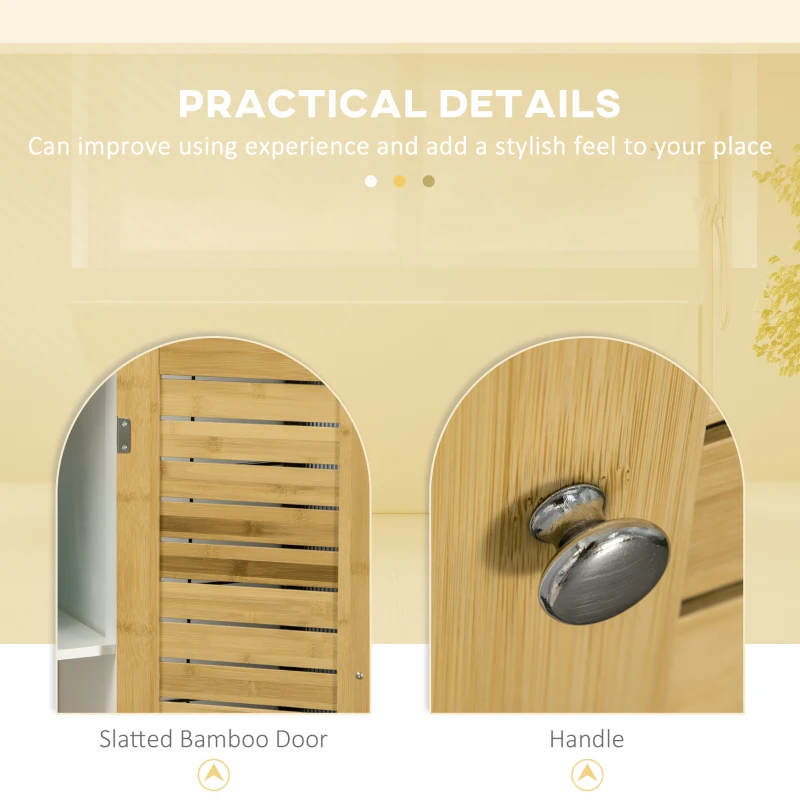 kleankin Tall Bathroom Storage Cabinet, Free Standing Bathroom Cabinet Slim Side Organizer with 3 Shelves and Bamboo Cabinet, White/Natural